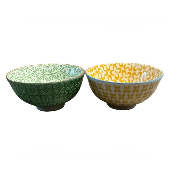 Ooh La La! by BIA Sushi Rice Ramen Bowl SET OF TWO Yellow Green Print Serveware - Picture 2 of 13